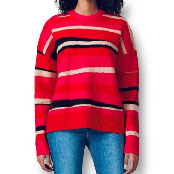 Diane von Furstenberg XL Wool Sweater Red Pink Stripe Crewneck Knit Fall Winter